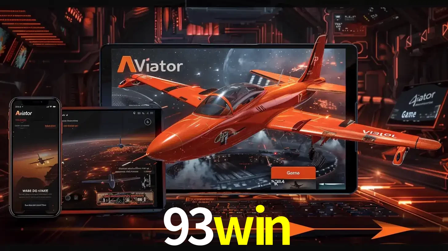 Apresentação tecnológica do jogo Aviator com um avião saindo da tela de um tablet, demonstrando a experiência imersiva em múltiplos dispositivos no 93win.