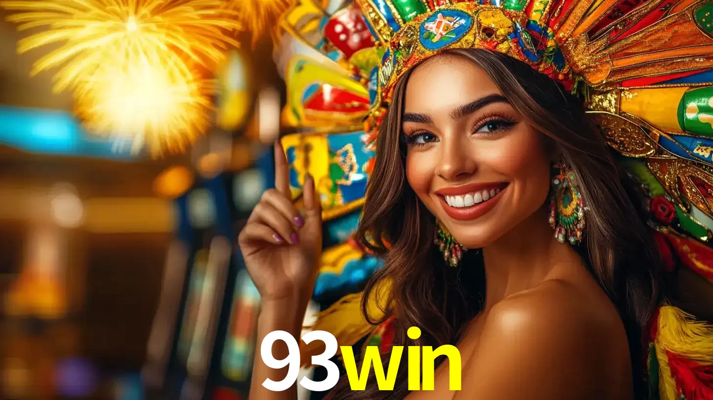 Mulher sorridente com um cocar de carnaval vibrante e colorido, celebrando uma grande vitória nos jogos do cassino 93win com fogos de artifício ao fundo.