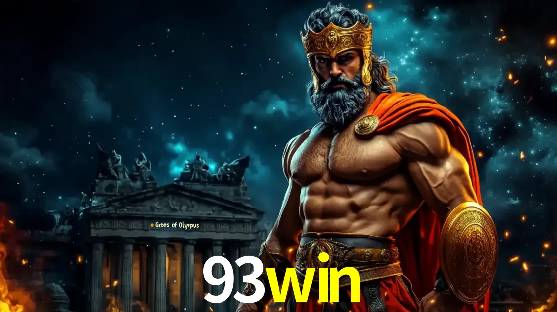 O poderoso Zeus do jogo de slot Gates of Olympus em frente ao seu templo, pronto para lançar multiplicadores divinos e prêmios épicos no cassino online 93win.