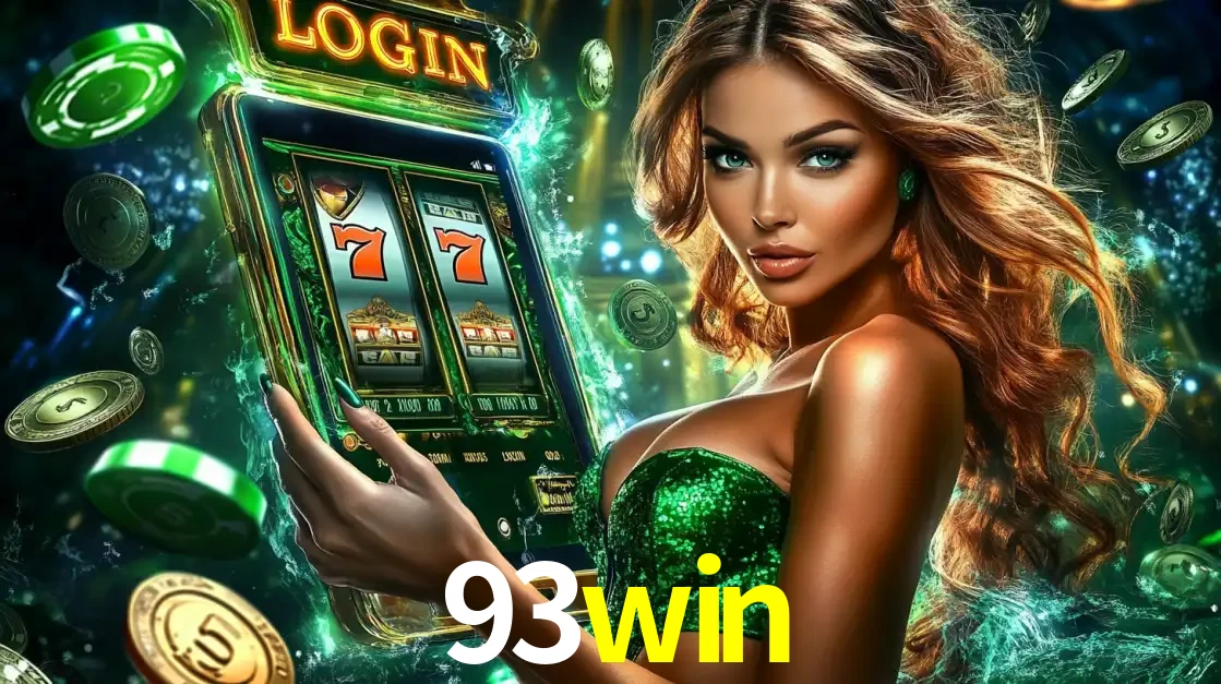 Mulher com tema verde apresentando o aplicativo do cassino 93win com um jogo de slot de 777, cercada por fichas de cassino e uma aura de sorte.