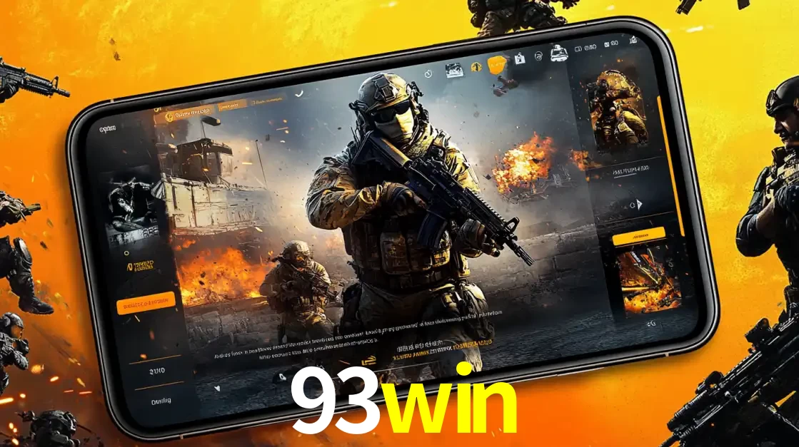 Um smartphone exibindo a interface de um jogo de tiro em primeira pessoa, com um soldado em um cenário de batalha, representando a ação dos e-sports para apostar no 93win.
