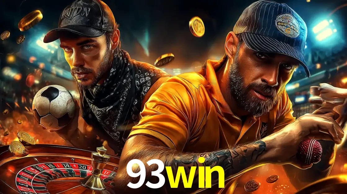 Montagem de apostas esportivas e cassino no 93win, com um homem segurando uma bola de futebol e outro uma de beisebol sobre uma roleta e moedas voadoras.