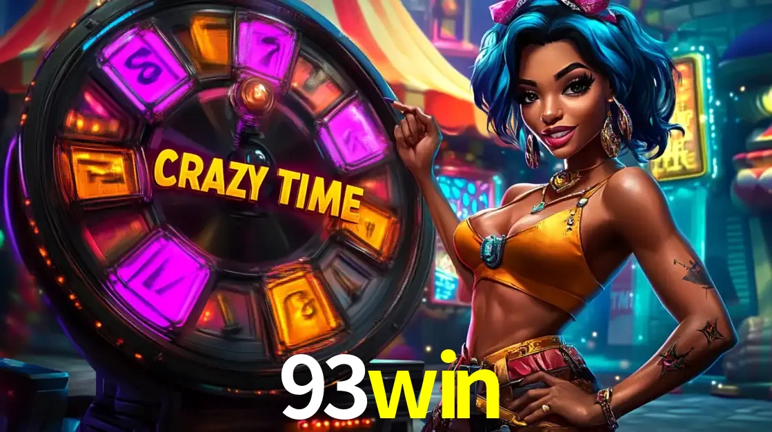 Mulher estilizada com cabelo azul e visual vibrante posando ao lado da roda de prêmios do game show Crazy Time, convidando para a diversão e os bônus do cassino 93win.