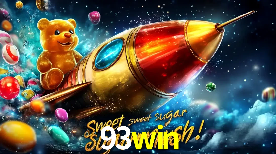 Arte promocional do jogo de slot Sugar Rush, com um urso de pelúcia em um foguete viajando pelo espaço de doces, um dos jogos divertidos disponíveis no cassino 93win.