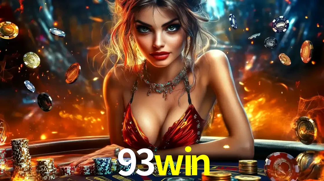 Mulher em uma mesa de cassino com pilhas de fichas e um fundo de fogo, pronta para uma rodada de altas apostas nos jogos de mesa emocionantes do cassino 93win.