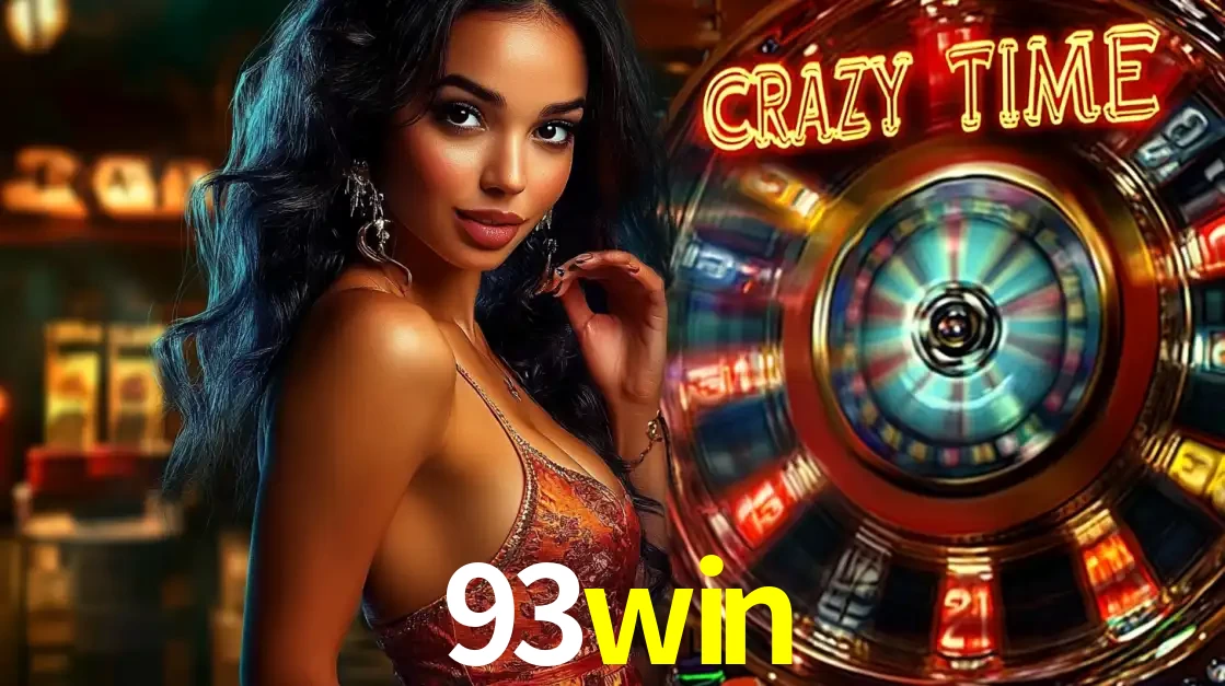 Mulher elegante ao lado da vibrante roda da fortuna do jogo de cassino ao vivo Crazy Time, um dos game shows mais populares e cheios de prêmios do 93win.
