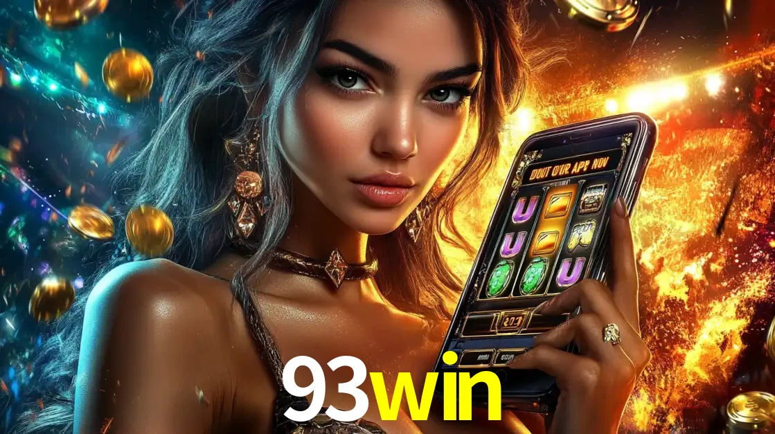 Mulher elegante mostrando um jogo de caça-níqueis em seu smartphone, destacando a experiência de cassino móvel oferecida pelo aplicativo 93win.