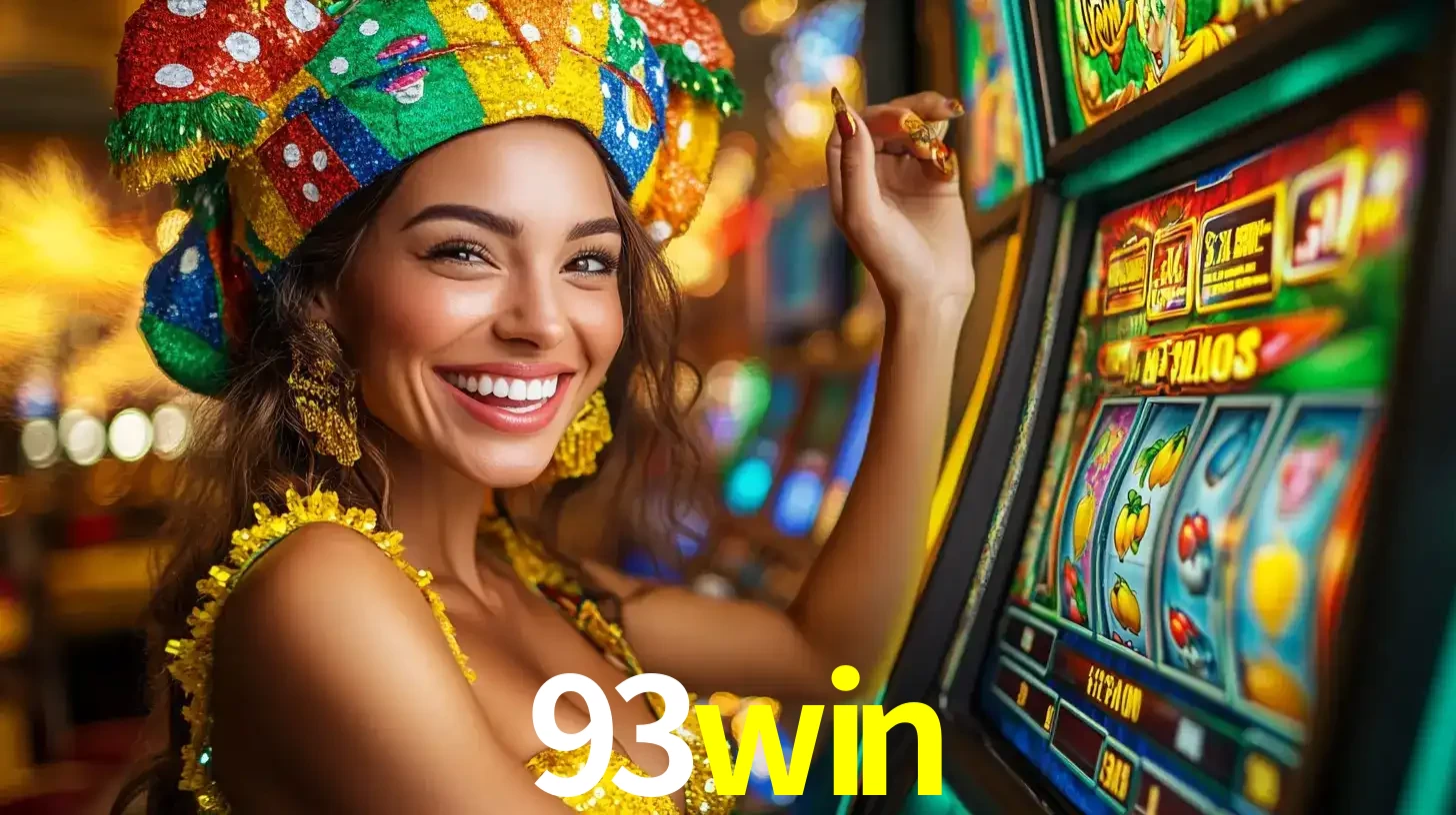 Mulher feliz com traje de carnaval amarelo e colorido ao lado de uma máquina de caça-níqueis, aproveitando a diversão e os jogos temáticos do cassino 93win.