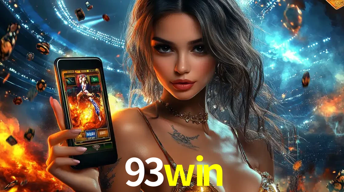 Mulher segurando um celular com um jogo de slot em destaque, tendo como fundo um estádio vibrante, simbolizando a emoção de jogar no cassino móvel 93win.
