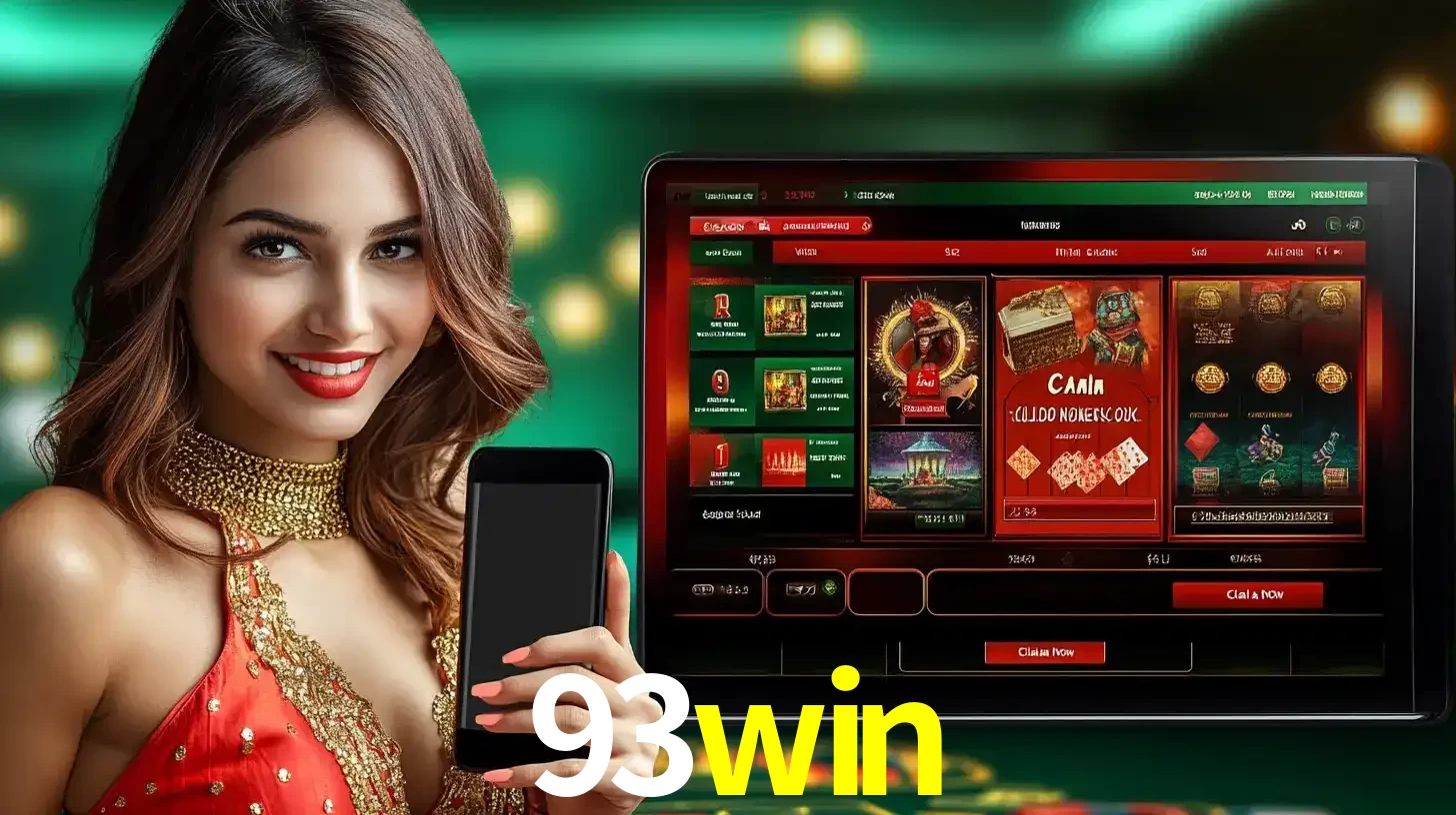 Mulher sorridente segurando um smartphone, ao lado de uma tela exibindo o lobby de jogos do cassino online 93win, com várias opções de jogos de cartas e slots.
